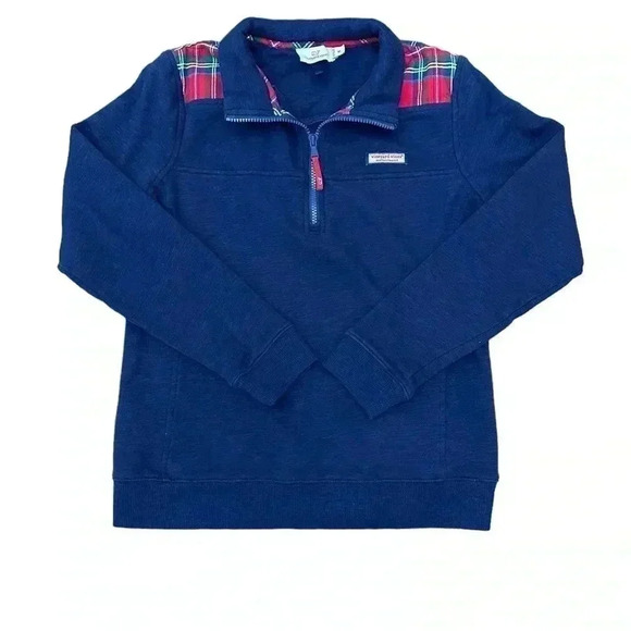 Vineyard Vines Blue Pullover Sweatshirt quarter zip Plaid Comfort Festive EUC - Picture 1 of 6